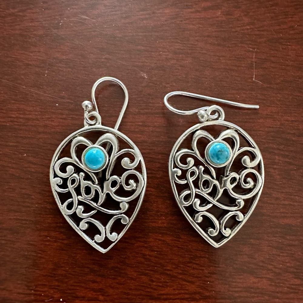 BARSE Sterling Silver and Turquoise Love Handmade Scrolled Dangle Earrings